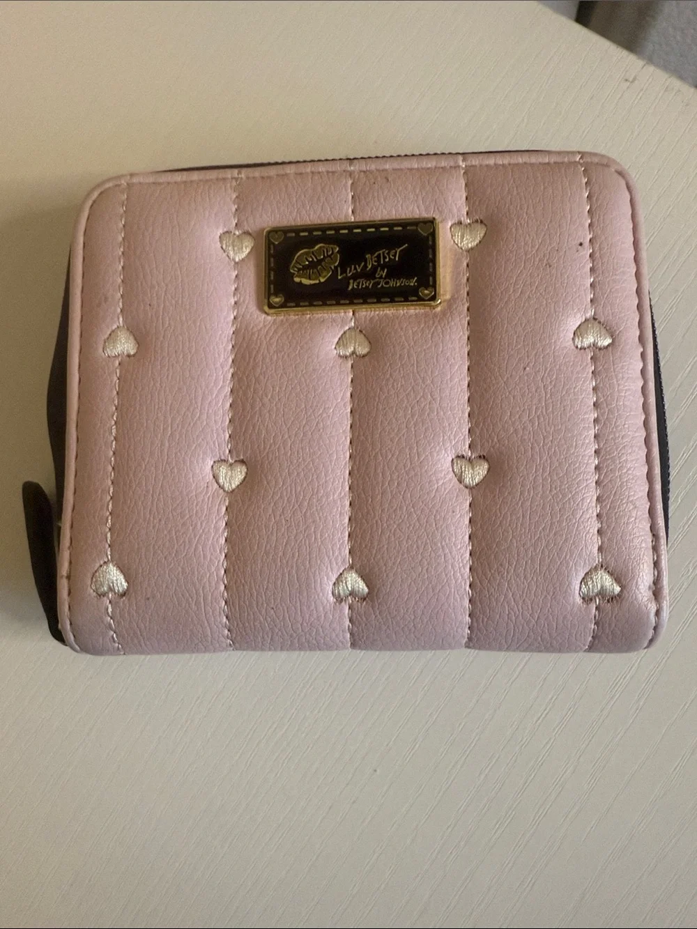 Betsey Johnson Pink Quilted Heart Zip Wallet with Gold Logo Plate